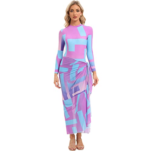 Odizli Burkini Damen Muslim Frauen Muslimische Badeanzug Islamische Langarm Body+Badehose+Wickelrock Pareo Sarong Tuch Strandrock Schwimmanzug Modest Bademode Sommer Lang Surfanzug Rosa Blau 4PCS L von Odizli