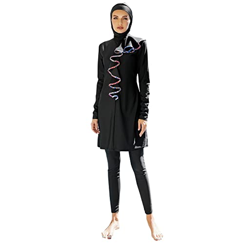 Odizli Burkini Damen Muslim Frauen Muslimische Badeanzug Islamische Langarm Lang Badeshirt UV Shirt Wasser+Badehose+Badekappe Hijab 3tlg Schwimmanzug Jilbab Ganzkörper Modest Bademode Schwarz M von Odizli