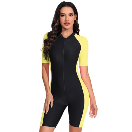 Odizli Burkini Damen Muslim Frauen Muslimische Badeanzug mit Bein Islamische Langarm/Kurzarm Zip Up Neopren Schwimmanzug Kurz Neoprenanzug UV Rashguard Surfer Bademode Gelb M von Odizli