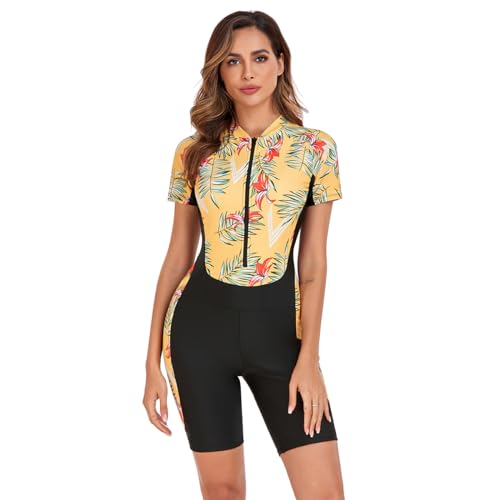 Odizli Burkini Damen Muslim Frauen Muslimische Badeanzug mit Bein Islamische Langarm/Kurzarm Zip Up Neopren Schwimmanzug Kurz Neoprenanzug UV Rashguard Surfer Bademode Gelb Schwarz M von Odizli