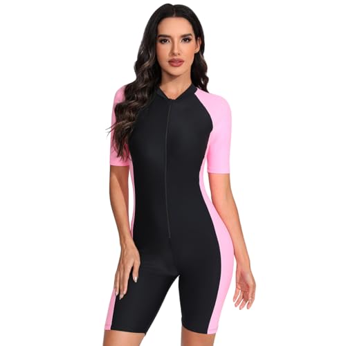 Odizli Burkini Damen Muslim Frauen Muslimische Badeanzug mit Bein Islamische Langarm/Kurzarm Zip Up Neopren Schwimmanzug Kurz Neoprenanzug UV Rashguard Surfer Bademode Rosa XXL von Odizli