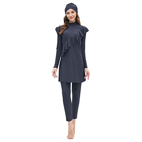 Odizli Burkini Damen Muslim Lang Große Größen Muslimische Badeanzug Islamische Arabische Langarm Rüschen Perle Shirt+Badehose+Badekappe Hijab 3tlg Modest Bademode Rashguard Schwimmanzug Grau M von Odizli