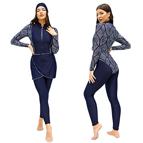 Odizli Burkini Damen Muslim Muslimische Badeanzug Frauen Langarm Body+Schwimmhose+Schürze+Hijab 4tlg Full Cover Islamisch Arabisch Jilbab Hasema Schwimmanzug Ganzkörper Modest Bademode Dunkelblau S von Odizli