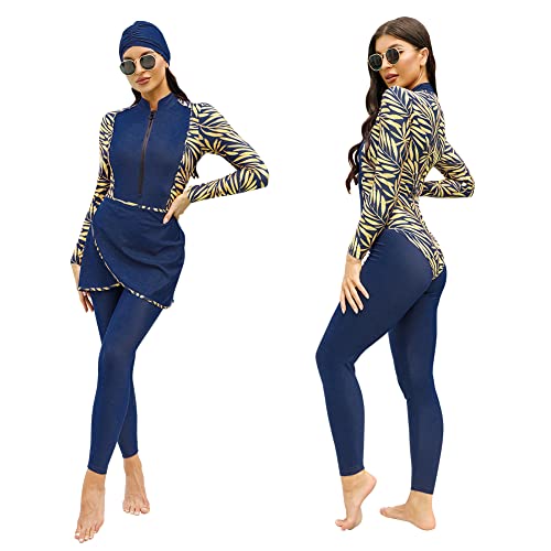 Odizli Burkini Damen Muslim Muslimische Badeanzug Frauen Langarm Body+Schwimmhose+Schürze+Hijab 4tlg Full Cover Islamisch Arabisch Jilbab Hasema Schwimmanzug Ganzkörper Modest Bademode Navy Blau M von Odizli