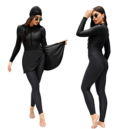 Odizli Burkini Damen Muslim Muslimische Badeanzug Frauen Langarm Body+Schwimmhose+Schürze+Hijab 4tlg Full Cover Islamisch Arabisch Jilbab Hasema Schwimmanzug Ganzkörper Modest Bademode Schwarz XL von Odizli
