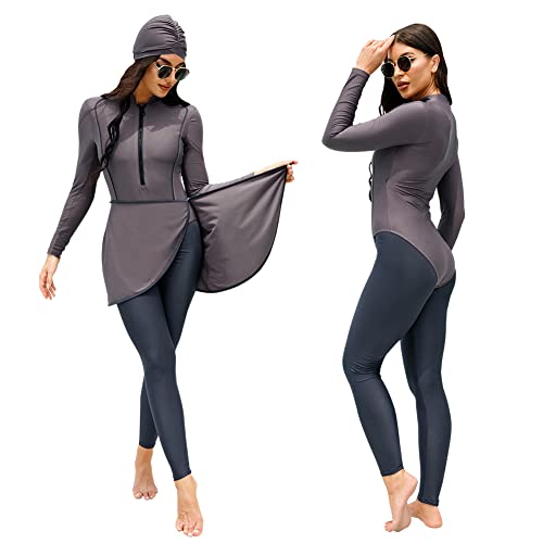 Odizli Burkini Damen Muslim Muslimische Badeanzug Frauen Langarm Body+Schwimmhose+Schürze+Hijab 4tlg Full Cover Islamisch Arabisch Jilbab Hasema Schwimmanzug Ganzkörper Modest Bademode Violett S von Odizli