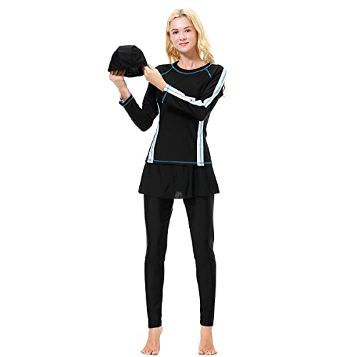 Odizli Burkini Damen Muslim Muslimische Badeanzug Full Cover Schwimmanzug Tankini Rashguard Islamisch Arabisch Jilbab Langarm Schwimmoberteile+Shorts Badehose+Hijab 3tlg Modest Bademode Schwarz#1 S von Odizli