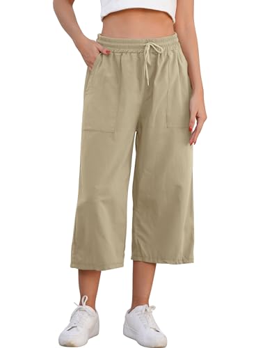 Odizli Caprihose Damen Sommer 3/4 Hose Elastisch High Waist 7/8 Leinenhose Baumwolle Leinen Stoffhose Leicht Bequeme Palazzo Weite Culottes Sommerhose Strandhose Freizeithose mit Taschen Khaki XXL von Odizli