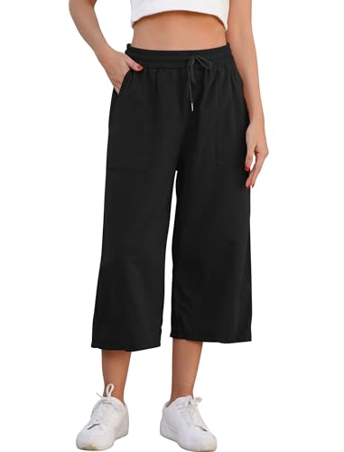 Odizli Caprihose Damen Sommer 3/4 Hose Elastisch High Waist 7/8 Leinenhose Baumwolle Leinen Stoffhose Leicht Bequeme Palazzo Weite Culottes Sommerhose Strandhose Freizeithose mit Taschen Schwarz L von Odizli