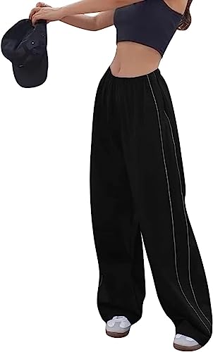 Odizli Cargohose Damen Baggy High Waist Vintage Y2K 2000er Cargo Fallschirm Hose Parachute Track Pants Frauen Freizeithose Fallschirmhose Jogginghose Trackpants Streetwear mit Taschen Schwarz S von Odizli