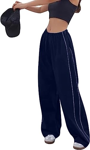 Odizli Cargohose Damen Baggy High Waist Vintage Y2K 2000er Cargo Fallschirm Hose Track Pants Frauen Hip Hop Fallschirmhose Jogginghose Trackpants Teenager Mädchen Streetwear mit Taschen Marineblau XL von Odizli