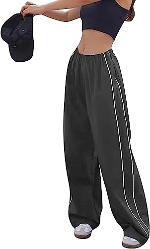 Odizli Cargohose Damen Baggy High Waist Vintage Y2K Cargo Fallschirm Hose Parachute Track Pants Hip Hop Fallschirmhose Jogginghose Trackpants Teenager Mädchen Streetwear mit Taschen Dunkelgrau XL von Odizli