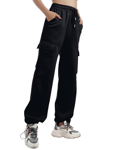 Odizli Cargohose Damen Baggy High Waist Vintage Y2K Locker Lang Cargo Jogginghose Track Pants Trackpants Sporthose Sweatpants Freizeithose Teenager Mädchen Hose Streetwear mit Taschen Schwarz XL von Odizli