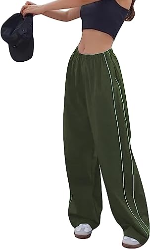 Odizli Cargohose Damen Baggy High Waist Y2K 2000er Cargo Fallschirm Hose Parachute Track Pants Frauen Hip Hop Fallschirmhose Jogginghose Trackpants Teenager Mädchen Streetwear mit Taschen Grün L von Odizli
