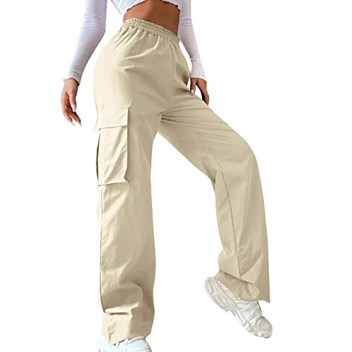 Odizli Cargohose Damen Baggy High Waist Y2K Fallschirm Hose Vintage Parachute Pants Hip Hop Freizeithose Klamotten Teenager Mädchen 90er E-Girl Streetwear Frauen Cargo Hosen mit Taschen Aprikose L von Odizli