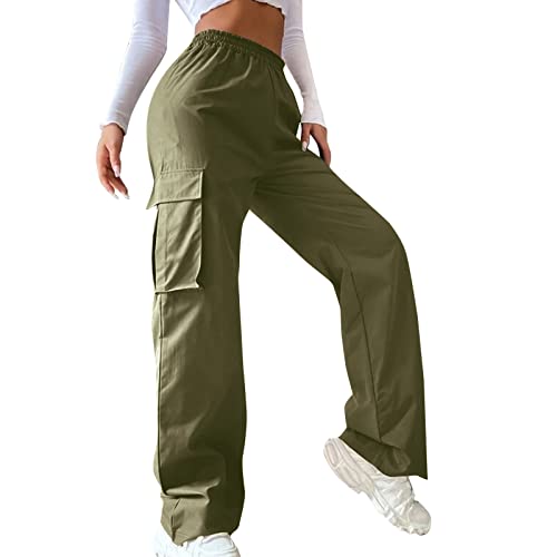Odizli Cargohose Damen Baggy High Waist Y2K Fallschirm Hose Vintage Parachute Pants Hip Hop Freizeithose Klamotten Teenager Mädchen 90er E-Girl Streetwear Frauen Cargo Hosen mit Taschen Olivgrün L von Odizli