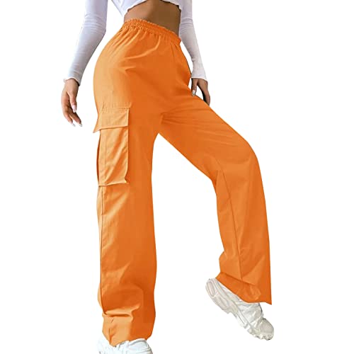 Odizli Cargohose Damen Baggy High Waist Y2K Fallschirm Hose Vintage Parachute Pants Hip Hop Freizeithose Klamotten Teenager Mädchen 90er E-Girl Streetwear Frauen Cargo Hosen mit Taschen Orange M von Odizli