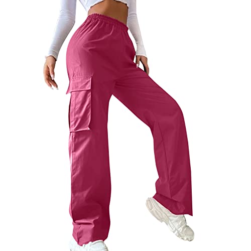 Odizli Cargohose Damen Baggy High Waist Y2K Fallschirm Hose Vintage Parachute Pants Hip Hop Freizeithose Klamotten Teenager Mädchen 90er E-Girl Streetwear Frauen Cargo Hosen mit Taschen Rosenrot XL von Odizli