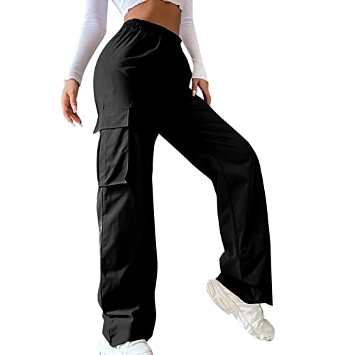Odizli Cargohose Damen Baggy High Waist Y2K Fallschirm Hose Vintage Parachute Pants Hip Hop Freizeithose Klamotten Teenager Mädchen 90er E-Girl Streetwear Frauen Cargo Hosen mit Taschen Schwarz L von Odizli