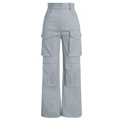 Odizli Cargohose Damen Baggy High Waist Y2K Glitzer Satin Cargo Hose 80er Jahre Hip Hop Freizeithose 2000er Jogginghose Teenager Mädchen 90er E-Girl Frauen Festival Streetwear mit Taschen Grau XXL von Odizli