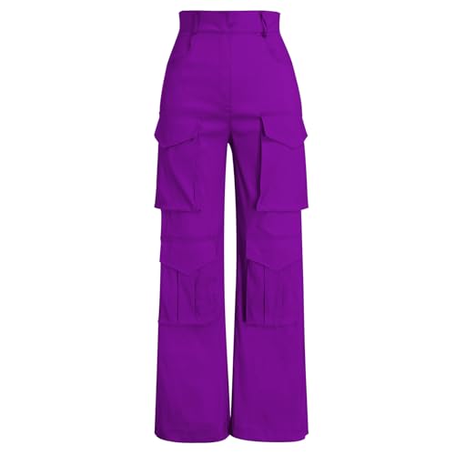 Odizli Cargohose Damen Baggy High Waist Y2K Glitzer Satin Cargo Hose 80er Jahre Hip Hop Freizeithose 2000er Jogginghose Teenager Mädchen 90er E-Girl Frauen Festival Streetwear mit Taschen Lila M von Odizli