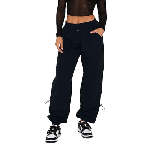 Odizli Cargohose Damen Baggy Y2K High Waist Kordelzug Cargo Track Fallschirm Hose Vintage Parachute Pants Trackpants Hip Hop Freizeithose Teenager Mädchen Jogginghose Streetwear mit Taschen Schwarz XS von Odizli