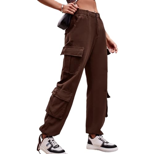 Odizli Cargohose Damen High Waist Y2K Cargo Hosen Boyfriend Baggy Jeans Jeanshose Arbeitshose mit Taschen Hip Hop Freizeithose Frauen Jogginghose Streetwear Braun S von Odizli