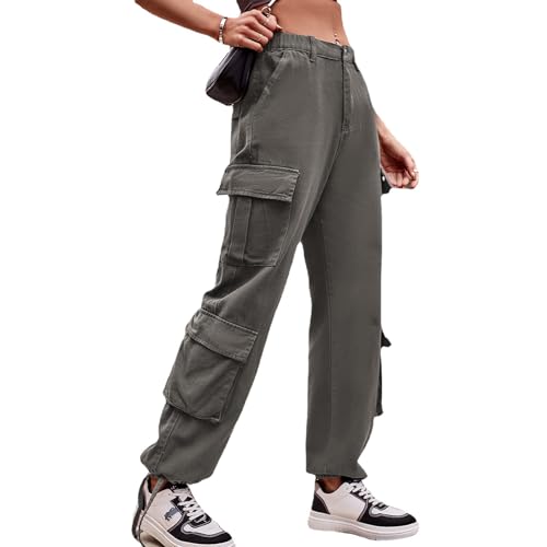 Odizli Cargohose Damen High Waist Y2K Cargo Hosen Boyfriend Baggy Jeans Jeanshose Arbeitshose mit Taschen Hip Hop Freizeithose Frauen Jogginghose Streetwear Grau XXL von Odizli