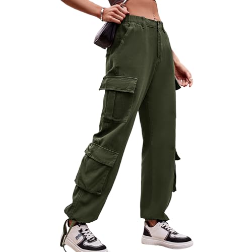 Odizli Cargohose Damen High Waist Y2K Cargo Hosen Boyfriend Baggy Jeans Jeanshose Arbeitshose mit Taschen Hip Hop Freizeithose Frauen Jogginghose Streetwear Grün XXL von Odizli