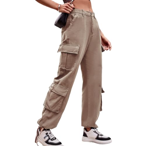 Odizli Cargohose Damen High Waist Y2K Cargo Hosen Boyfriend Baggy Jeans Jeanshose Arbeitshose mit Taschen Hip Hop Freizeithose Frauen Jogginghose Streetwear Khaki L von Odizli