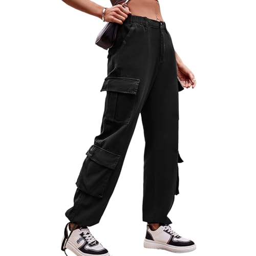 Odizli Cargohose Damen High Waist Y2K Cargo Hosen Boyfriend Baggy Jeans Jeanshose Arbeitshose mit Taschen Hip Hop Freizeithose Frauen Jogginghose Streetwear Schwarz L von Odizli