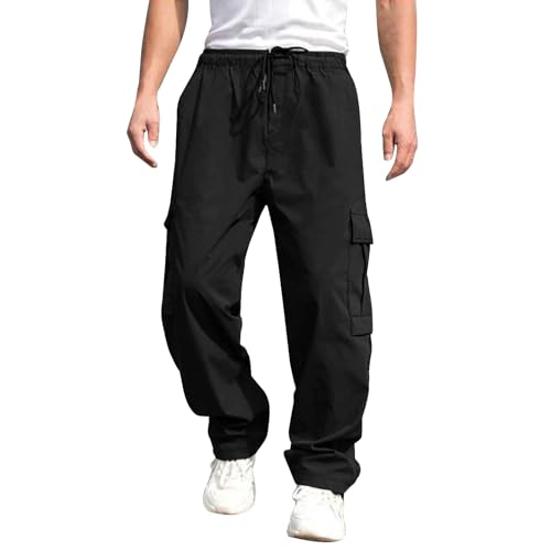 Odizli Cargohose Herren Baggy Lang Cargo Hose Vintage Kordelzug Parachute Pants Track Hip Hop Freizeithose Jogginghose Trainingshose Sommerhose Streetwear mit Taschen Schwarz L von Odizli