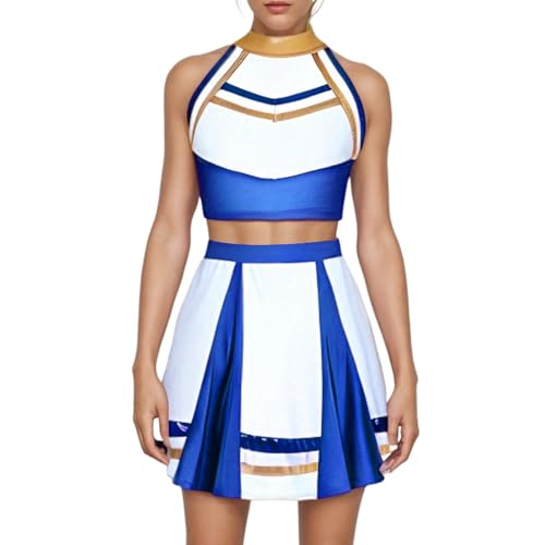 Odizli Cheerleader Kost�m Damen Glitzer Metallic 70er 80er 90er Jahre American Football CHEERS Neckholder Crop Top + Mini Rock Outfit Erwachsene Halloween Fasching Karneval Faschingskost�m Blau S von Odizli