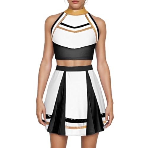 Odizli Cheerleader Kost�m Damen Glitzer Metallic 70er 80er 90er Jahre American Football CHEERS Neckholder Crop Top + Mini Rock Outfit Erwachsene Halloween Fasching Karneval Faschingskost�m Schwarz XS von Odizli