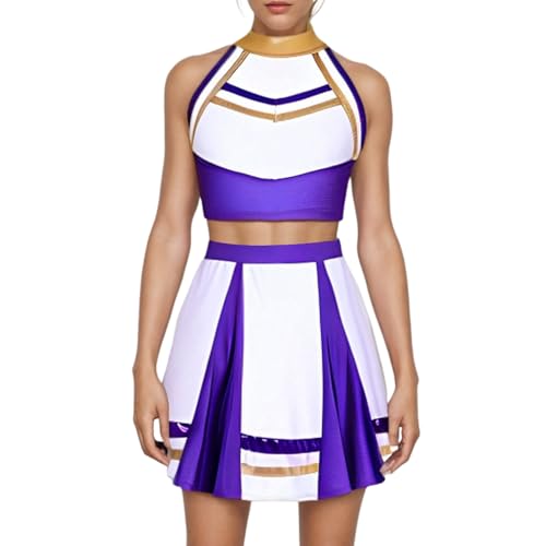 Odizli Cheerleader Kostüm Damen Glitzer Metallic 70er 80er 90er Jahre American Football CHEERS Neckholder Crop Top + Mini Rock Outfit Erwachsene Halloween Fasching Karneval Faschingskostüm Lila M von Odizli