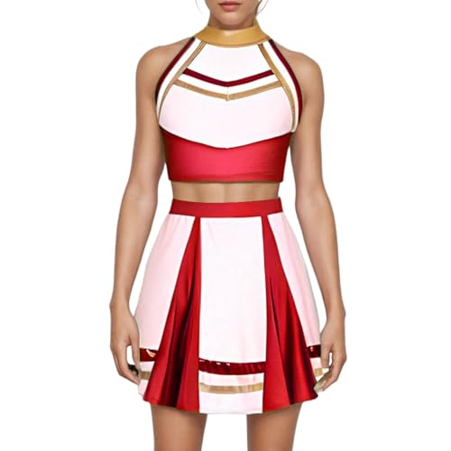 Odizli Cheerleader Kostüm Damen Glitzer Metallic 70er 80er 90er Jahre American Football CHEERS Neckholder Crop Top + Mini Rock Outfit Erwachsene Halloween Fasching Karneval Faschingskostüm Rot XL von Odizli