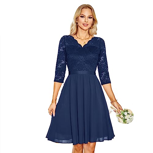 Odizli Cocktailkleid Damen Elegant 3/4 Ärmel V-Ausschnitt Spitze Chiffonkleid Festlich Hochzeitsgast Hochzeit Abschlusskleid Kurz Abendkleider Ballkleid Partykleid Sommer Knielang Kleid Dunkelblau XL von Odizli