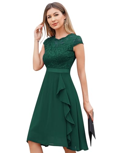 Odizli Cocktailkleid Damen Elegant Kurzarm Spitze Rüschen Chiffonkleid Hochzeitsgast Festlich Hochzeit Kurz Abendkleid Brautjungfernkleider Ballkleid Abschlusskleid Jugendweihe Kleider Dunkelgrün XL von Odizli