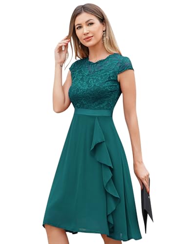 Odizli Cocktailkleid Damen Elegant Kurzarm Spitze Rüschen Chiffonkleid Hochzeitsgast Festlich Hochzeit Kurz Abendkleid Brautjungfernkleider Ballkleid Abschlusskleid Jugendweihe Kleider Pfauenblau XL von Odizli