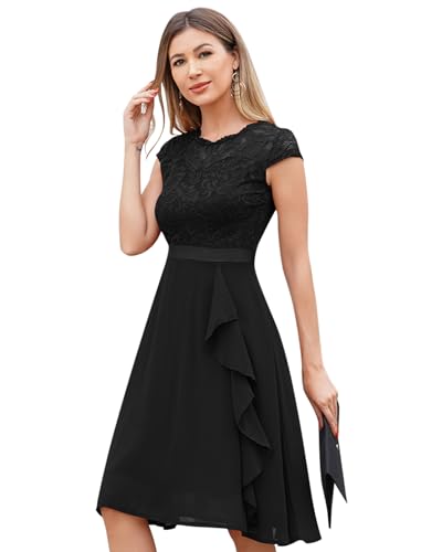 Odizli Cocktailkleid Damen Elegant Kurzarm Spitze Rüschen Chiffonkleid Hochzeitsgast Festlich Hochzeit Kurz Abendkleid Brautjungfernkleider Ballkleid Abschlusskleid Jugendweihe Kleider Schwarz XXL von Odizli