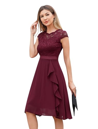 Odizli Cocktailkleid Damen Elegant Kurzarm Spitze Rüschen Chiffonkleid Hochzeitsgast Festlich Hochzeit Kurz Abendkleid Brautjungfernkleider Ballkleid Abschlusskleid Jugendweihe Kleider Weinrot L von Odizli