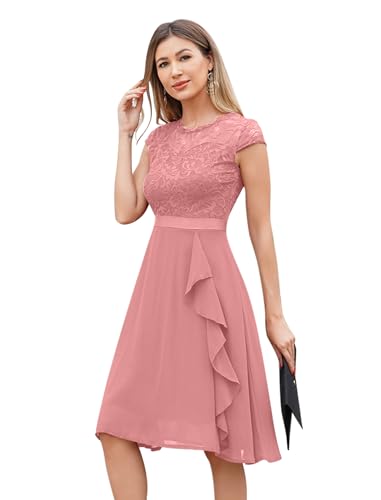 Odizli Cocktailkleid Damen Elegant Kurzarm Spitze Rüschen Chiffonkleid Hochzeitsgast Festlich Hochzeit Kurz Abendkleid Brautjungfernkleider Ballkleid Konfirmationskleider Jugendweihe Kleider Rosa L von Odizli