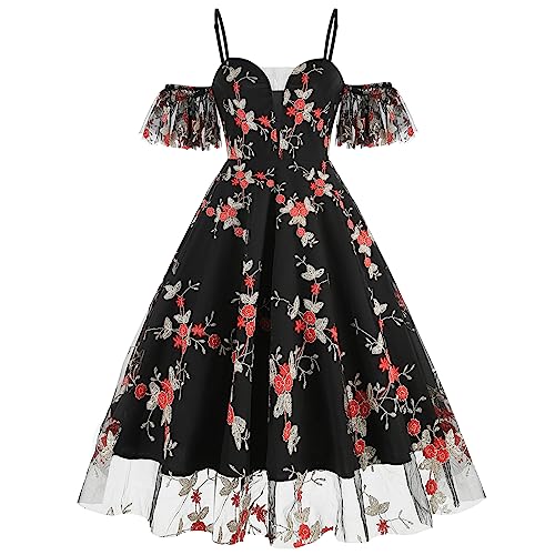 Odizli Cocktailkleid Damen Elegant Vintage Rockabilly 50er Jahre Petticoat Kleid Spaghetti Off Shoulder Stickerei Tüllkleid Festlich Hochzeit Hochzeitsgast Abschlusskleid Kurz Abendkleid Rot #B S von Odizli