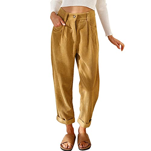 Odizli Cordhose Damen Samt High Waist Elastische Taille Baggy Stretch Skinny Elegant Lang Straight Tapered Hose Frauen Jogginghosen Freizeithose Herbst Winter Warm Corduroy Hosen mit Taschen Khaki L von Odizli