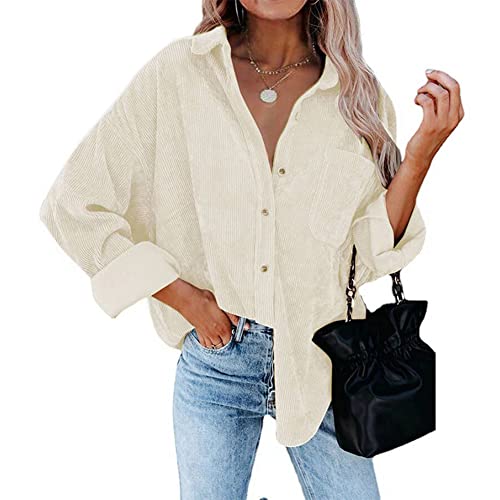 Odizli Cordjacke Damen Langarm Oversized Cordhemd Shacket Lang Cordbluse Cord Hemd Bluse Jacke Mantel Hemdjacke Herbst Winter Button Down Hemdbluse Freizeitjacke mit Taschen Beige L von Odizli