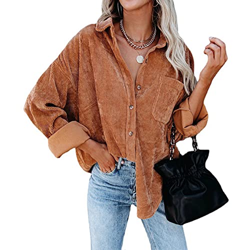 Odizli Cordjacke Damen Langarm Oversized Cordhemd Shacket Lang Cordbluse Cord Hemd Bluse Jacke Mantel Hemdjacke Herbst Winter Button Down Hemdbluse Freizeitjacke mit Taschen Braun L von Odizli