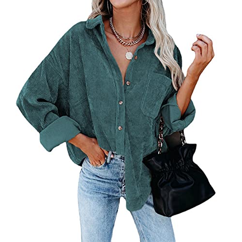 Odizli Cordjacke Damen Langarm Oversized Cordhemd Shacket Lang Cordbluse Cord Hemd Bluse Jacke Mantel Hemdjacke Herbst Winter Button Down Hemdbluse Freizeitjacke mit Taschen Grün XL von Odizli