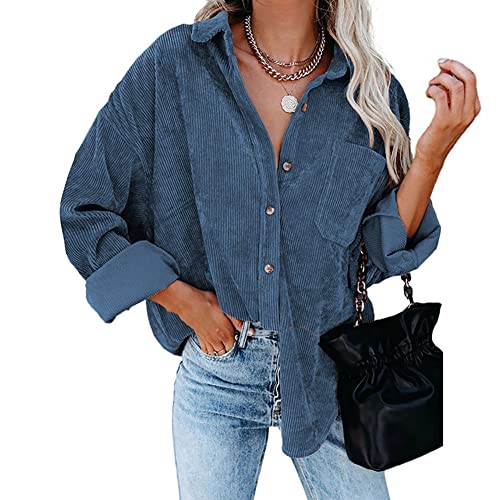 Odizli Cordjacke Damen Langarm Oversized Cordhemd Shacket Lang Cordbluse Cord Hemd Bluse Jacke Mantel Hemdjacke Herbst Winter Button Down Hemdbluse Freizeitjacke mit Taschen Pfauenblau L von Odizli