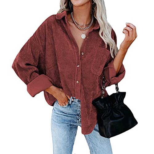 Odizli Cordjacke Damen Langarm Oversized Cordhemd Shacket Lang Cordbluse Cord Hemd Bluse Jacke Mantel Hemdjacke Herbst Winter Button Down Hemdbluse Freizeitjacke mit Taschen Weinrot L von Odizli