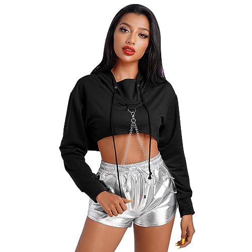 Odizli Crop Pullover Damen Langarm Hoodie Kurz Bauchfrei Sweatshirts Rave Festival Oberteil Gotik Punk Hip Hop Langarmshirts Pulli Rundkragen Cut Outs Kapuzenpullover Shirts mit Kapuze Schwarz L von Odizli